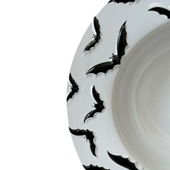 Halloween Embossed Bat Serving Bowl 13in Ceramic Black & White Spooky Boo NEW - Picture 10 of 13